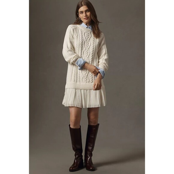 Anthropologie Dresses & Skirts - Anthropologie Delphine Sweater Twofer Mini Dress Eggnog Cable Knit Pleated M